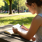 A person journaling outdoors in a sunny park, focused on self-reflection and writing about their emotions. Focus on peaceful and mindful atmosphere.