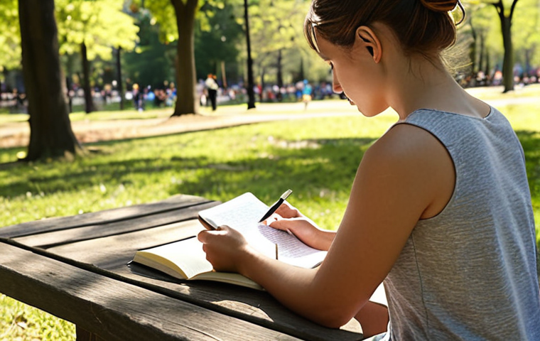 A person journaling outdoors in a sunny park, focused on self-reflection and writing about their emotions. Focus on peaceful and mindful atmosphere.