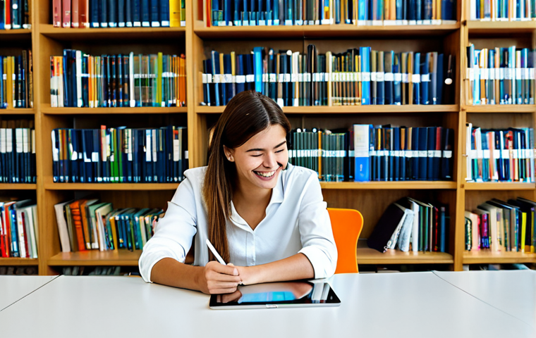 Personalized Language Learning**
A friendly and approachable tutor is sitting with a young adult student in a brightly lit, modern library in Lisbon. The student is using a tablet displaying a language learning app with Portuguese vocabulary. Both are smiling and engaged. The scene is professional and educational, emphasizing personalized learning with technology. Fully clothed, appropriate attire, safe for work, perfect anatomy, natural proportions, family-friendly, digital illustration.
**