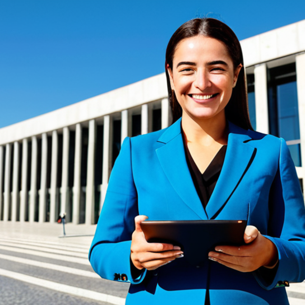 Businesswoman in Lisbon**
A professional businesswoman in a stylish, fully clothed business suit, standing confidently in front of a modern office building in Lisbon, Portugal. She is holding a tablet and smiling. The scene is bright and sunny, with typical Portuguese architecture in the background. Safe for work, appropriate content, perfect anatomy, natural proportions, professional photography, high quality, modest attire.
**
