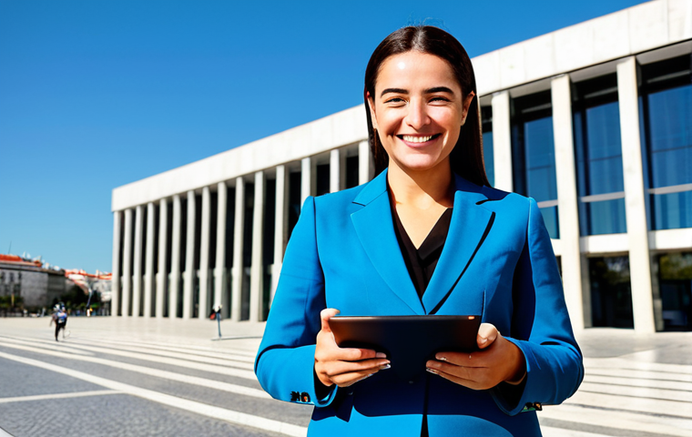 Businesswoman in Lisbon**
A professional businesswoman in a stylish, fully clothed business suit, standing confidently in front of a modern office building in Lisbon, Portugal. She is holding a tablet and smiling. The scene is bright and sunny, with typical Portuguese architecture in the background. Safe for work, appropriate content, perfect anatomy, natural proportions, professional photography, high quality, modest attire.
**