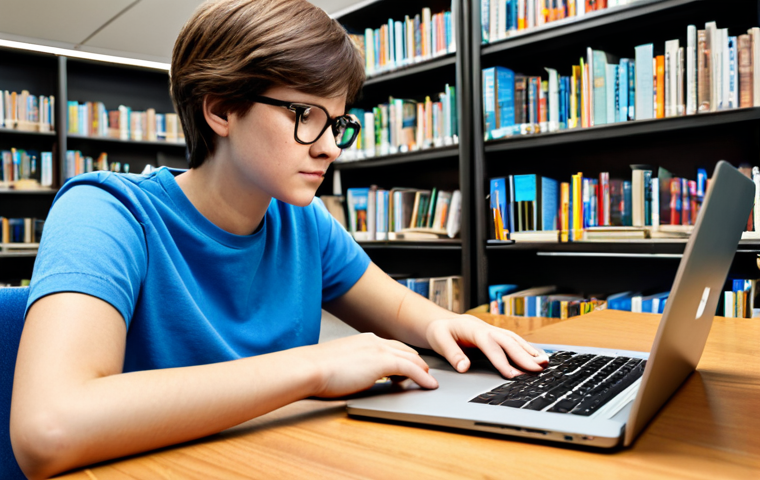 Digital Flashcards**
"A student with short brown hair sitting at a desk in a brightly lit library, wearing glasses and a blue t-shirt, studying with digital flashcards on a laptop, focusing on a math equation displayed on the screen. The laptop is surrounded by textbooks and a coffee cup. safe for work, appropriate content, fully clothed, modest, professional, perfect anatomy, correct proportions, natural pose, well-formed hands, proper finger count, natural body proportions, high quality, educational illustration."
**