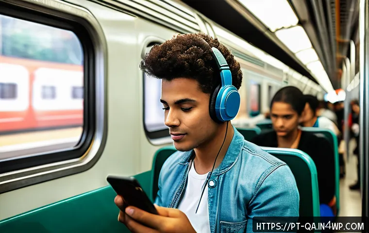 간격 반복 시스템과 모바일 학습의 융합 - A modern young adult studying on a busy São Paulo subway train, using a smartphone with a sleek educ...